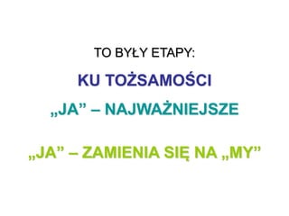TO BYŁY ETAPY:
KU TOŻSAMOŚCI
„JA” – NAJWAŻNIEJSZE
„JA” – ZAMIENIA SIĘ NA „MY”
 