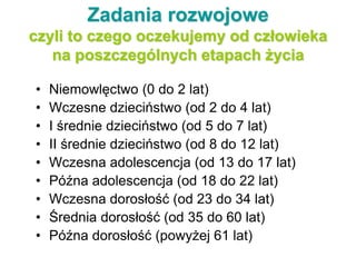 Zadania rozwojowe
czyli to czego oczekujemy od człowieka
na poszczególnych etapach życia
• Niemowlęctwo (0 do 2 lat)
• Wczesne dzieciństwo (od 2 do 4 lat)
• I średnie dzieciństwo (od 5 do 7 lat)
• II średnie dzieciństwo (od 8 do 12 lat)
• Wczesna adolescencja (od 13 do 17 lat)
• Późna adolescencja (od 18 do 22 lat)
• Wczesna dorosłość (od 23 do 34 lat)
• Średnia dorosłość (od 35 do 60 lat)
• Późna dorosłość (powyżej 61 lat)
 