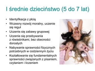I średnie dzieciństwo (5 do 7 lat)
• Identyfikacja z płcią
• Wczesny rozwój moralny, uczenie
się reguł
• Uczenie się zabawy grupowej
• Uczenie się przebywania
z rówieśnikami, bez obecności
dorosłych
• Nabywanie sprawności fizycznych
potrzebnych w codziennym życiu
• Kształtowanie się fundamentalnych
sprawności związanych z pisaniem,
czytaniem i liczeniem
 
