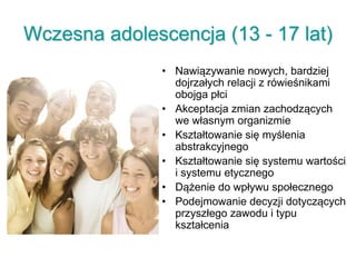 Wczesna adolescencja (13 - 17 lat)
• Nawiązywanie nowych, bardziej
dojrzałych relacji z rówieśnikami
obojga płci
• Akceptacja zmian zachodzących
we własnym organizmie
• Kształtowanie się myślenia
abstrakcyjnego
• Kształtowanie się systemu wartości
i systemu etycznego
• Dążenie do wpływu społecznego
• Podejmowanie decyzji dotyczących
przyszłego zawodu i typu
kształcenia
 