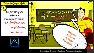 Τσατσούρης Χρήστος, Φιλόλογος Γυμνασίου Μαγούλας
Πότε βάζουμε οξεία;
Οξεία παίρνει
πάντα η
προπαραλήγουσα,
π.χ. ἄν-θρω-πος
πε-ρί-βο-λος
πεί-θο-μαι
 