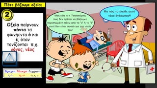 Πότε βάζουμε οξεία;
Οξεία παίρνουν
πάντα τα
φωνήεντα ό και
έ, όταν
τονίζονται π.χ.
λόγος, νέος
 