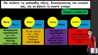 Να τονίσετε τις ακόλουθες λέξεις, δικαιολογώντας την επιλογή
σας, και να βάλετε το σωστό πνεύμα:
νῆσος
θηκη
λέγω στάδιονθήκη
λεγω νησος σταδιον
Μακρόχρονη
παραλήγουσα
πριν από
μακρόχρονη
λήγουσα
παίρνει οξεία.
Το –ε- και το
–ο- , όταν
τονίζονται,
παίρνουν
πάντα οξεία.
Μακρόχρονη
παραλήγουσα
πριν από
βραχύχρονη
λήγουσα παίρνει
περισπωμένη.
Στην
προπαραλήγουσα
όταν τονίζεται,
βάζουμε μόνο
οξεία.
Άσκηση 1,σελίδα 27
 