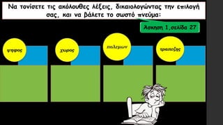 Να τονίσετε τις ακόλουθες λέξεις, δικαιολογώντας την επιλογή
σας, και να βάλετε το σωστό πνεύμα:
ψηφος χωρος
πολεμων τραπεζης
Άσκηση 1,σελίδα 27
 