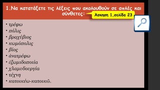 1.Να κατατάξετε τις λέξεις που ακολουθούν σε απλές και
σύνθετες:
•τρέφω
•πόλις
•βραχύβιος
•κωμόπολις
•βίος
•ἀνατρέφω
•ἐξωμιδοποιία
•χλαμυδουργία
•τέχνη
•κατοικέω-κατοικῶ.
Άσκηση 1,σελίδα 23
 