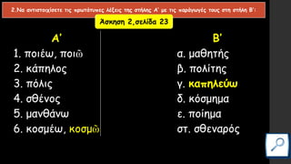 2.Να αντιστοιχίσετε τις πρωτότυπες λέξεις της στήλης Α′ με τις παράγωγές τους στη στήλη B′:
Α′ B′
1. ποιέω, ποιῶ α. μαθητής
2. κάπηλος β. πολίτης
3. πόλις γ. καπηλεύω
4. σθένος δ. κόσμημα
5. μανθάνω ε. ποίημα
6. κοσμέω, κοσμῶ στ. σθεναρός
Άσκηση 2,σελίδα 23
 