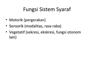 Fungsi Sistem Syaraf
• Motorik (pergerakan)
• Sensorik (modalitas, rasa raba)
• Vegetatif (sekresi, ekskresi, fungsi otonom
lain)
 