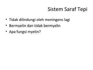 Sistem Saraf Tepi
• Tidak dilindungi oleh meningens lagi
• Bermyelin dan tidak bermyelin
• Apa fungsi myelin?
 