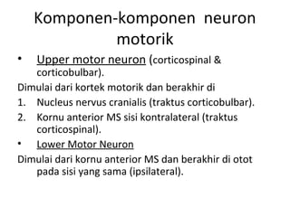 Komponen-komponen neuron
motorik
• Upper motor neuron (corticospinal &
corticobulbar).
Dimulai dari kortek motorik dan berakhir di
1. Nucleus nervus cranialis (traktus corticobulbar).
2. Kornu anterior MS sisi kontralateral (traktus
corticospinal).
• Lower Motor Neuron
Dimulai dari kornu anterior MS dan berakhir di otot
pada sisi yang sama (ipsilateral).
 