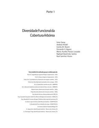Parte 1
Estetrabalhofoirealizadograçasàcolaboraçãode:
Prof. Dr. Jorge Marques (geomorfologia e mapeamento - UFRJ)
Prof. Dr. Mauro Argento (mapeamento - UFRJ)
Profa. Dra. Carla Madureira (tratamento de imagens satélites - UFRJ)
Profa. Dra. Edna Machado-Guimarães (etno-ecologia - UFRJ)
M.Sc.Daniel Peres (análise de solos - EMBRAPA)
M.Sc.Marcelo Saldanha (análise de material foliar e de solos - EMBRAPA)
Rejane Gomes (bolsista de iniciação científica - CNPq)
Filipe Noronha (bolsista de iniciação científica - CNPq)
Eng. Renato de Jesus (Reserva Natural da CVRD, ES)
Eng. Guanadir Gonçalves Sobrinho (Reserva Biológica de Sooretama - IBAMA, ES)
Eng. Wanderlei Fornasier Morgan (Prefeitura Municipal de Sooretama, ES)
Sr.Gilson Lopes de Farias (identificação botânica - BIONATIVA,ES)
Sr.Nivaldo del Piero (trabalho de campo - BIONATIVA,ES)
Dr. Xerxes Caliman (Fazenda Refúgio, ES)
Sr. Agostinho (identificação botânica - Reserva de Linhares, ES)
Sr. Domingos Folgi (identificação botânica - Reserva de Linhares, ES)
Irene Garay
Andreia Kindel
Cecília M. Rizzini
Fernando V. Agarez
Marco Aurélio Passos Louzada
Raphael David dos Santos
Raul Sanchez Vícens
DiversidadeFuncionalda
CoberturaArbórea
 