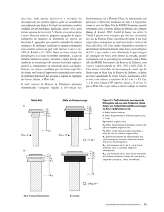 Diversidade Funcional em Floresta Atlântica 23
interface, onde parece realizar-se o essencial da
decomposição dos aportes epígeos, pode ser considerada
uma adaptação que limita a lixiviação de nutrientes e matéria
orgânica em profundidade, facilitada, nestes solos, pela
textura arenosa do horizonte A. Porém, em contraposição
a outras florestas tropicais, pequenos agregados de alguns
milímetros de diâmetro se distribuem no interior do
horizonte A, agregados que mantém conteúdos de matéria
orgânica e de nutrientes significativos quando comparados
com a matriz arenosa na qual estão imersos (Garay et al.,
1995a,b; Kindel et al., 1999). Frente ao ritmo sazonal das
precipitações e as secas recorrentes interanuais, a ação de
térmitas humívoras parece substituir a típica função das
minhocas na estruturação do primeiro horizonte orgânico-
mineral e, notadamente, na construção destes agregados.
Pode-se, em síntese, considerar que esta forma específica
de húmus mull tropical representa o principal reservatório
de nutrientes disponível que assegura a riqueza da vegetação
da floresta clímax, a Mata Alta.
O mull tropical da Floresta de Tabuleiros apresenta
determinadas variações ligadas a diferenças nas
fitofisionomias, tal a Floresta Ciliar, ou relacionadas, em
princípio, à diferentes distâncias do mar e a topografia,
como no caso da Mata Alta da REBIO Sooretama quando
comparada com a floresta clímax da Reserva de Linhares
(Garay & Kindel, 2001; Kindel & Garay, no prelo). A
Tabela 5 precisa estas variações que são mais acentuadas
no caso da Floresta Ciliar cuja forma de húmus é um mull
oligotrófico contraposto ao mull mesotrofico tropical da
Mata Alta (Fig. 15). Este caráter oligotrófico encontra-se
determinado fundamentalmente pelas baixas concentrações
de Ca2+ o que conduz a uma diminuição da porcentagem
de saturação em bases, pelo menos da metade, quando
comparada com as porcentagens estimadas para a Mata
Alta da REBIO Sooretama e da Reserva de Linhares, com
valores respectivamente de 34%, 70% e 66% (Tab. 5).
Uma menor velocidade de decomposição, neste tipo de
floresta que na Mata Alta da Reserva de Linhares, se deduz
da maior quantidade de restos foliares acumulados sobre
o solo, com valores respectivos de 6,3 t.ha-1 e 3,9 t.ha-
1, e de uma relação C/N superior, igual a 15 versus 12
para a Mata Alta, o que indica a menor evolução da matéria
Figura 15. Perfis húmicos e estoques de
Nitrogênio sob um solo Podzólico (Mata
Alta) e um Podzol (Mata de Mussununga),
naReservadeLinhares,ES.
L: folhas mortas inteiras.
F: folhas fragmentadas e matéria orgânica fina
(< 2mμ).
Fff: matéria orgânica fina.
F1: folhas fragmentadas misturadas a menos de
20% de matéria orgânica fina.
F2: folhas muito fragmentadas misturadas a
mais de 20% de matéria orgânica fina.
A1: primeiro horizonte do solo formado por
matéria orgânica amorfa e material mineral.
(horizonte hemiorgânico).
A11: sub-horizonte de A1 de 0-1cm a 0-3cm
(interface com as camadas orgânicas
sobrepostas).
A12: sub-horizonte de A1 com menor conteúdo
em carbono orgânico e bases de troca que A11.
Segundo Garay et al., 1995a, modificado.
 