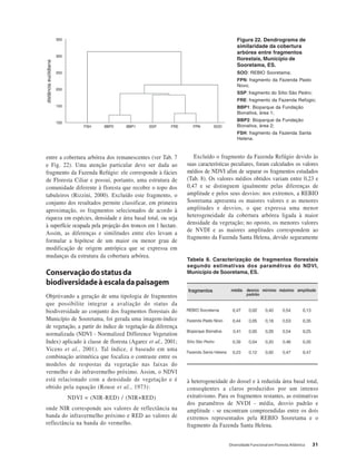 Diversidade Funcional em Floresta Atlântica 31
entre a cobertura arbórea dos remanescentes (ver Tab. 7
e Fig. 22). Uma atenção particular deve ser dada ao
fragmento da Fazenda Refúgio: ele corresponde à fácies
de Floresta Ciliar e possui, portanto, uma estrutura de
comunidade diferente à floresta que recobre o topo dos
tabuleiros (Rizzini, 2000). Excluído este fragmento, o
conjunto dos resultados permite classificar, em primeira
aproximação, os fragmentos selecionados de acordo à
riqueza em espécies, densidade e área basal total, ou seja
à superfície ocupada pela projeção dos troncos em 1 hectare.
Assim, as diferenças e similitudes entre eles levam a
formular a hipótese de um maior ou menor grau de
modificação de origem antrópica que se expressa em
mudanças da estrutura da cobertura arbórea.
Conservaçãodostatusda
biodiversidadeàescaladapaisagem
Objetivando a geração de uma tipologia de fragmentos
que possibilite integrar a avaliação do status da
biodiversidade ao conjunto dos fragmentos florestais do
Município de Sooretama, foi gerada uma imagem-índice
de vegetação, a partir do índice de vegetação da diferença
normalizada (NDVI - Normalized Difference Vegetation
Index) aplicado à classe de floresta (Agarez et al., 2001;
Vicens et al., 2001). Tal índice, é baseado em uma
combinação aritmética que focaliza o contraste entre os
modelos de respostas da vegetação nas faixas do
vermelho e do infravermelho próximo. Assim, o NDVI
está relacionado com a densidade de vegetação e é
obtido pela equação (Rouse et al., 1973):
NDVI = (NIR-RED) / (NIR+RED)
onde NIR corresponde aos valores de reflectância na
banda do infravermelho próximo e RED ao valores de
reflectância na banda do vermelho.
Figura 22. Dendrograma de
similaridade da cobertura
arbórea entre fragmentos
florestais, Município de
Sooretama, ES.
SOO: REBIO Sooretama;
FPN: fragmento da Fazenda Pasto
Novo;
SSP: fragmento do Sítio São Pedro;
FRE: fragmento da Fazenda Refúgio;
BBP1: Bioparque da Fundação
Bionativa, área 1;
BBP2: Bioparque da Fundação
Bionativa, área 2;
FSH: fragmento da Fazenda Santa
Helena.
Tabela 8. Caracterização de fragmentos florestais
segundo estimativas dos paramêtros do NDVI,
Município de Sooretama, ES.
Excluído o fragmento da Fazenda Refúgio devido às
suas características peculiares, foram calculados os valores
médios de NDVI afim de separar os fragmentos estudados
(Tab. 8). Os valores médios obtidos variam entre 0,23 e
0,47 e se distinguem igualmente pelas diferenças de
amplitude e pelos seus desvios: nos extremos, a REBIO
Sooretama apresenta os maiores valores e as menores
amplitudes e desvios, o que expressa uma menor
heterogeneidade da cobertura arbórea ligada à maior
densidade da vegetação; no oposto, os menores valores
de NVDI e as maiores amplitudes correspondem ao
fragmento da Fazenda Santa Helena, devido seguramente
à heterogeneidade do dossel e à reduzida área basal total,
conseqüentes a claros produzidos por um intenso
extrativismo. Para os fragmentos restantes, as estimativas
dos paramêtros de NVDI - média, desvio padrão e
amplitude - se encontram compreendidas entre os dois
extremos representados pela REBIO Sooretama e o
fragmento da Fazenda Santa Helena.
 
