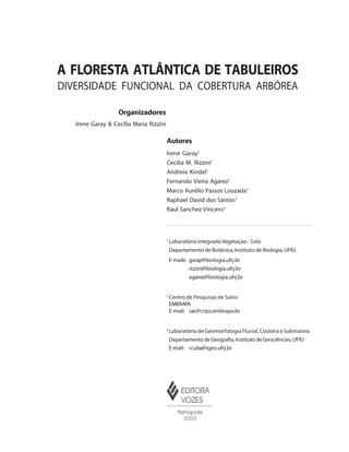 A FLORESTA ATLÂNTICA DE TABULEIROS
DIVERSIDADE FUNCIONAL DA COBERTURA ARBÓREA
Organizadores
Irene Garay & Cecilia Maria Rizzini
1
Laboratório Integrado Vegetação - Solo
Departamento de Botânica, Instituto de Biologia,UFRJ.
E-mails: garay@biologia.ufrj.br
rizzini@biologia.ufrj.br
agarez@biologia.ufrj.br
2
Centro de Pesquisas de Solos
EMBRAPA
E-mail: sac@cnps.embrapa.br
3
Laboratório de Geomorfologia Fluvial, Costeira eSubmarina
Departamento deGeografia,Instituto deGeociências,UFRJ
E-mail: rcuba@igeo.ufrj.br
Autores
Irene Garay1
Cecilia M. Rizzini1
Andreia Kindel1
Fernando Vieira Agarez1
Marco Aurélio Passos Louzada1
Raphael David dos Santos2
Raul Sanchez Vincens3
 