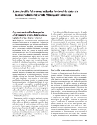 Diversidade Funcional em Floresta Atlântica 35
5. Aesclerofiliafoliarcomoindicadorfuncionaldostatusda
biodiversidadeemFlorestaAtlânticadeTabuleiros
Cecilia Maria Rizzini e Irene Garay
O grau de esclerofilia das espécies
arbóreascomopropriedadefuncional
Explicitando a noção de grupo funcional
Desde longa data, as espécies foram reagrupadas em
categorias com o intuito de se compreender a organização
das comunidades biológicas que integram os ecossistemas.
Segundo os objetivos desejados, o agrupamento das es-
pécies em categorias ecológicas foi baseado em distintas
propriedades. Assim, por exemplo, a noção de guilda
utilizada a partir dos anos 70, focalizava a partilha de um
mesmo recurso entre espécies aparentadas taxonomi-
camente. Mais recentemente, aparece a noção de grupo
funcional em relação à formulação dos estudos em
biodiversidade. Ela adquire valor operacional frente à
existência da redundância funcional das comunidades tropi-
cais, i.e., as numerosas espécies que desempenham uma
determinada função ecológica e que são, em teoria, equi-
valentes na realização desta função.
Com efeito, a organização e a composição de uma co-
munidade podem ser não apenas bem compreendidas como
também manejadas se as espécies componentes são clas-
sificadas sob uma base funcional. É possível assim de-
finir tipos funcionais com respeito às propriedades
morfológicas e fisiológicas inerentes às espécies, particu-
larmente quando estas estão ligadas à utilização de recur-
sos e às interações entre espécies ou, ainda, às interações
entre diferentes comunidades (Barbault et al., 1991). Os
grupos de espécies classificadas com base nestas proprie-
dades podem englobar igualmente populações que atuam
de forma similar no ecossistema ou que possuem carac-
terísticas comuns, sejam estas estruturais ou relacionadas
a determinados processos.
Reagrupar as espécies em grupos funcionais represen-
ta um leque infinito de possibilidades: a escolha de cri-
térios reflete, em definitivo, uma visão específica desti-
nada à resolução de um determinado problema. A título
de exemplo, citemos alguns critérios que permitem esta-
belecer grupos funcionais de espécies vegetais tais como
forma de vida, tipos de história de vida, tamanho, estru-
tura foliar, profundidade da raiz, associações simbióticas,
sensibilidade fotoperiódica e resistência ao fogo
(Korner,1994; Baruch et al., 1996).
Frente à impossibilidade do estudo exaustivo da função
de todas as espécies que compõem uma dada comunidade,
a noção de grupo funcional representa um intento de
síntese. Na medida que as espécies que o compõem
reflitam modificações desta ou de outras comunidades, ou
de processos essenciais do ecossistema, o grupo funcional
possui um caráter indicador. Segundo o caso, far-se-á
necessário considerar seja o número de grupos funcio-
nais, seja a riqueza em espécies ou as densidades das
populações que integram cada grupo. Quando das compa-
rações entre diferentes ecossistemas, a análise de grupos
funcionais possibilita avançar na compreensão do
funcionamento. Todavia, grupos funcionais podem apresen-
tar respostas diretas ou indiretas a distintas formas e
intensidade de impactos antrópicos. Nesta última perspecti-
va, a identificação de grupos funcionais e das espécies
que os constituem é um instrumento para a avaliação da
integridade do ecossistema (Garay, 2001a).
Aesclerofilia:umapropriedadecomplexa
Pesquisas em formações vegetais do trópico, tais como
savanas, caatingas e florestas, demonstram que a caduci-
dade se encontra associada ao caráter mais ou menos escle-
rófilo das diversas populações vegetais. O grau de caduci-
dade do ecossistema como um todo obedece à proporção
dos diferentes tipos de espécies arbóreas, ou arbustivas,
que coexistem. Na realidade, a propriedade da esclerofilia
resulta das características morfológicas e fisiológicas das
espécies: as folhas de árvores sempre-verdes são mais
duras, pesadas e grossas, enquanto que as folhas adultas
de árvores decíduas possuem características opostas.
Os aspectos anatômicos típicos das espécies esclerófilas
se expressam por longa série de características
morfológicas que abrangem a totalidade do organismo
vegetal, evidenciadas no acentuado espessamento das
paredes celulares de vários tecidos como epiderme, súber,
esclerênquima e lenho (Rizzini, 1976; Turner et al., 1993).
As folhas esclerófilas possuem cutícula e parede celular
externa da epiderme grossas e abundante esclerificação,
particularmente, do revestimento dos feixes vasculares e
da margem da folha (Esau, 1977; Fahn, 1982). Entretan-
to, alguns parâmetros físicos, notadamente o peso espe-
 