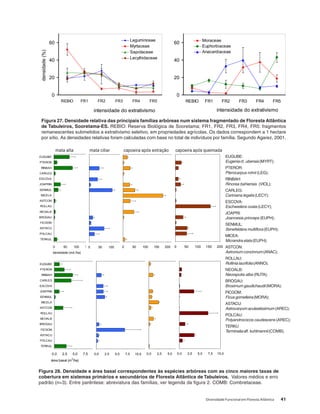 Diversidade Funcional em Floresta Atlântica 41
Figura 27. Densidade relativa das principais famílias arbóreas num sistema fragmentado de Floresta Atlântica
de Tabuleiros, Sooretama-ES. REBIO: Reserva Biológica de Sooretama; FR1, FR2, FR3, FR4, FR5: fragmentos
remanescentes submetidos a extrativismo seletivo, em propriedades agrícolas. Os dados correspondem a 1 hectare
por sítio. As densidades relativas foram calculadas com base no total de indivíduos por família. Segundo Agarez, 2001.
Figura 28. Densidade e área basal correspondentes às espécies arbóreas com as cinco maiores taxas de
cobertura em sistemas primários e secundários de Floresta Atlântica de Tabuleiros. Valores médios e erro
padrão (n=3). Entre parêntese: abreviatura das famílias, ver legenda da figura 2. COMB: Combretaceae.
EUGUBE:
Eugenia cf. ubensis (MYRT);
PTEROR:
Pterocarpus rohrii (LEG);
RINBAH:
Rinorea bahiensis (VIOL);
CARLEG:
Cariniana legalis (LECY);
ESCOVA:
Eschweilera ovata (LECY);
JOAPRI:
Joannesia princeps (EUPH);
SENMUL:
Senefeldera multiflora (EUPH);
MICEA:
Micrandra elata(EUPH);
ASTCON:
Astronium concinnum(ANAC);
ROLLAU:
Rollinia laurifolia(ANNO);
NEOALB:
Neoraputia alba (RUTA);
BROGAU:
Brosimum gaudichaudii (MORA);
FICGOM:
Ficus gomelleira(MORA);
ASTACU:
Astrocaryumaculeatissimum (AREC);
POLCAU:
Polyandrococos caudescens (AREC);
TERKU
Terminaliaaff.kuhlmannii (COMB).
0 50 100 150 200 250
TERKUL
POLCAU
ASTACU
FICGOM
BROGAU
NEOALB
ROLLAU
ASTCON
MICELA
SENMUL
JOAPRIN
ESCOVA
CARLEG
RINBAH
PTEROR
EUGUBE
densidade (ind./ha)
0 50 100 150 200 2500 50 100 150 200 2500 50 100 150 200
0,0 2,5 5,0 7,5 10,0 12,5
TERKUL
POLCAU
ASTACU
FICGOM
BROGAU
NEOALB
ROLLAU
ASTCON
MICELA
SENMUL
JOAPRIN
ESCOVA
CARLEG
RINBAH
PTEROR
EUGUBE
área basal (m
2
/ha)
0,0 2,5 5,0 7,5 10,0 12,50,0 2,5 5,0 7,5 10,0 12,50,0 2,5 5,0 7,5 10,0
mata alta mata ciliar capoeira após extração capoeira após queimada
0
20
40
60
REBIO FR1 FR2 FR3 FR4 FR5
intensidade do extrativismo
densidade(%)
Leguminosae
Myrtaceae
Sapotaceae
Lecythidaceae
0
20
40
60
REBIO FR1 FR2 FR3 FR4 FR5
intensidade do extrativismo
Moraceae
Euphorbiaceae
Anacardiaceae
 