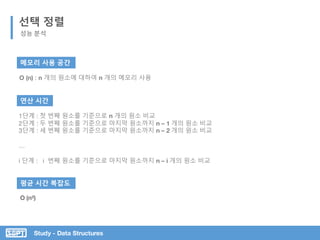 Study - Data Structures
선택 정렬
성능 분석
메모리 사용 공간
연산 시간
1단계 : 첫 번째 원소를 기준으로 n 개의 원소 비교
2단계 : 두 번째 원소를 기준으로 마지막 원소까지 n – 1 개의 원소 비교
3단계 : 세 번째 원소를 기준으로 마지막 원소까지 n – 2 개의 원소 비교
…
i 단계 : i 번째 원소를 기준으로 마지막 원소까지 n – i 개의 원소 비교
평균 시간 복잡도
O (n²)
O (n) : n 개의 원소에 대하여 n 개의 메모리 사용
 