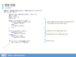 Study - Data Structures
병합 정렬
코드 분석
public <T extends Comparable<T>> void merge(T[] a, int left,
int mid, int right) {
Object[] tmp = new Object[right - left + 1];
int L = left;
int R = mid + 1;
int S = 0;
while (L <= mid && R <= right) {
if (a[L].compareTo(a[R]) <= 0)
tmp[S] = a[L++];
else
tmp[S] = a[R++];
S++;
}
if (L <= mid && R > right) {
while (L <= mid)
tmp[S++] = a[L++];
} else {
while (R <= right)
tmp[S++] = a[R++];
}
for (S = 0; S < tmp.length; S++) {
a[S + left] = (T) (tmp[S]);
}
}
}
왼쪽, 오른쪽 파트 중 한 쪽이 다 정렬 될 때까지
부분 집합의 원소를 비교하며 병합
오른쪽파트가 먼저 정렬이 끝난 경우
데이터 이동
왼쪽파트가 먼저 정렬이 끝난 경우
 