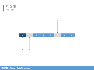 Study - Data Structures
퀵 정렬
수행 과정
4 1 3 6 2 5 10 9
P R
L
 