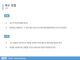 Study - Data Structures
계수 정렬
특징
장점
단점
안정적인 정렬이다 - 키 값이 같은 원소의 순서에 대해 정렬 후에도 순서가 유지된다
속도가 비교적 빠른 편이다
버켓을 사용하므로, 정렬할 수 있는 데이터의 타입이 한정되어 있다
기수 정렬과 마찬가지로 버켓을 구현하기 위한 별도의 메모리를 필요로 한다
 