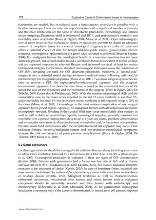 Explicative Cases of Controversial Issues in Neurosurgery172
trajectories are needed, but in selected cases a simultaneous procedure is possible with a
flexible endoscope. There are only few reported series with a significant number of patients
and the main limitations are the same of stereotactic procedures (hemorrhage and limited
tissue sampling). Diagnostic yield is between 63 and 100%, and peri-operative mortality and
morbidity seem acceptable (Bruce & Ogden, 2004; Moise et al, 2011). Open microsurgery,
even if more invasive than stereotactic biopsy or endoscopy, permits to obtain an adequate
amount of neoplastic tissue for a correct histological diagnosis in virtually all cases and
offers a potential chance of cure for benign and low-grade lesions (pineocytoma, mature
teratoma, meningioma, epidermoids) if a gross-total resection is achieved (Bruce & Ogden,
2004). For malignant tumors the oncological benefit of a maximal resection has not been
definitely proved, but several studies found a correlation between the extent of tumor exeresis
and an improved response to adjuvant therapy and increased survival, at least for certain
histological subtypes. Furthermore, standard microsurgical techniques allow the restoration of
CSF flow, obviating the need for CSF diversion procedures; moreover, a “second-look”
surgery is also a potential useful strategy to remove residual tumor following radio and/or
chemotherapy for malignant neoplasms (Moise et al, 2011). Two main surgical approaches are
used to remove a PRT: the supracerebellar-infratentorial approach and the occipital-
transtentorial approach. The choice between them is based on the anatomical features of the
tumor but also on the experience and the preference of the surgeon (Bruce & Ogden, 2004; De
Tribolet, 2009; Konovalov & Pitskhealuri, 2003). With the modern microsurgical skills and the
neurocritical care, in the major series reported in the last 15 years mortality is less than 5%,
major morbidity less than 6% but permanent minor morbidity is still reported in up to 28% of
the cases (Moise et al, 2011). Hemorrhage is the most serious complication of any surgical
approach to the pineal region, especially for malignant tumors with abnormal neovasculature
incompletely resected. Bleeding in the surgical field may occur immediately after surgery as
well as with a delay of several days. Specific neurological sequelae, generally transient and
reversible over a period ranging from days to up to 1 year, are ataxia, papillary abnormalities
and extraocular movement dysfunction because of cerebellar and/or brainstem manipulation,
but also visual field disturbances after the occipital-transtentorial approach may occur. Prior
radiation therapy, invasive/malignant tumors and pre-operative neurological symptoms,
increase the risk and severity of post-operative complications (Bruce & Ogden, 2004; De
Tribolet, 2009; Moise et al, 2011).
6.2 Germ cell tumors
Localized germinomas should be managed with radiation therapy alone, including ventricular
or whole brain irradiation followed by a tumor boost for a total dose of 45-50 Gy (Haas-Kogan
et al, 2003). Craniospinal irradiation is indicated if there are signs of CSF dissemination
(Kyritis, 2010). Patients with germinoma had a 5-year survival rate of 96% and a 10-year
survival rate of 91-93% (Brastianos et al, 2010; Kkyritis, 2010). For mature teratomas complete
resection is the treatment of choice (Kyritis, 2010). In case of immature forms, maximal safe
resection may be followed by radio and/or chemotherapy on an individual basis and evidence
of residual disease (Kyritis, 2010). Malignant teratomas as well as choriocarcinomas,
embryonal carcinomas, endodermal sinus tumors and mixed tumors with a malignant
component should be maximally resected and then treated with radiotherapy and
chemotherapy (Echevarria et al, 2008; Matsutani, 2004). As for germinomas, craniospinal
irradiation is necessary only if the tumor is disseminated. In mixed germ cell tumors, response
www.intechopen.com
 