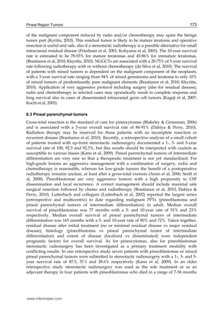 Pineal Region Tumors 173
of the malignant component induced by radio and/or chemotherapy may spare the benign
tumor part (Kyritis, 2010). This residual tumor is likely to be mature teratoma and operative
resection is useful and safe, also if a stereotactic radiotherapy is a possible alternative for small
intracranial residual disease (Friedman et al, 2001; Kohyama et al, 2001). The 10-year survival
rate is estimated to be 78-93% for mature teratomas and 45-86% for immature teratomas,
(Brastianos et al, 2010; Kkyritis, 2010). NGGCTs are associated with a 20-75% of 5-year survival
rate following radiotherapy with or without chemotherapy (da Silva et al, 2010). The survival
of patients with mixed tumors is dependent on the malignant component of the neoplasm,
with a 3-year survival rate ranging from 94% of mixed germinoma and teratoma to only 10%
of mixed tumors of predominantly pure malignant elements (Brastianos et al, 2010; Kkyritis,
2010). Application of very aggressive protocol including surgery (also for residual disease),
radio and chemotherapy in selected cases may sporadically result in complete response and
long survival also in cases of disseminated intracranial germ cell tumors (Kageji et al, 2007;
Kochi et al, 2003).
6.3 Pineal parenchymal tumors
Gross-total resection is the standard of care for pineocytomas (Blakeley & Grossman, 2006)
and is associated with a 5-year overall survival rate of 86-91% (Dahiya & Perry, 2010).
Radiation therapy may be reserved for those patients with an incomplete resection or
recurrent disease (Brastianos et al, 2010). Recently, a retrospective analysis of a small cohort
of patients treated with up-front stereotactic radiosurgery documented a 1-, 3- and 5-year
survival rate of 100, 92.3 and 92.3%, but this results should be interpreted with caution as
susceptible to various biases (Kano et al, 2009). Pineal parenchymal tumors of intermediate
differentiation are very rare so that a therapeutic treatment is not yet standardized. For
high-grade lesions an aggressive management with a combination of surgery, radio and
chemotherapy is reasonable, whereas for low-grade tumors the benefit of a postoperative
radiotherapy remains unclear, at least after a gross-total exeresis (Anan et al, 2006; Senft et
al, 2008). Pineoblastomas are very aggressive tumors with a high propensity to CSF
dissemination and local recurrence. A correct management should include maximal safe
surgical resection followed by chemo and radiotherapy (Brastianos et al, 2010; Dahiya &
Perry, 2010). Lutterbach and collegues (Lutterbach et al, 2002) reported the largest series
(retrospective and multicentric) to date regarding malignant PPTs (pineoblastoma and
pineal parenchymal tumors of intermediate differentiation) in adult. Median overall
survival of pineoblastomas was 77 months with a 5- and 10-year rate of 51% and 23%
respectively. Median overall survival of pineal parenchymal tumors of intermediate
differentiation was 165 months with a 5- and 10-year rate of 80% and 72%. Taken together,
residual disease after initial treatment (no or minimal residual disease vs major residual
disease), histology (pineoblastoma vs pineal parenchymal tumor of intermediate
differentiation) and extent of disease (localized vs disseminated) were independent
prognostic factors for overall survival. As for pineocytomas, also for pineoblastomas
stereotactic radiosurgery has been investigated as a primary treatment modality with
conflicting results. In one retrospective study seven patients with pineoblastomas or mixed
pineal parenchymal tumors were submitted to stereotactic radiosurgery with a 1-, 3- and 5-
year survival rate of 87.5, 57.1 and 28.6% respectively (Kano et al, 2009). In an older
retrospective study stereotactic radiosurgery was used as the sole treatment or as an
adjuvant therapy in four patients with pineoblastomas who died in a range of 7-56 months
www.intechopen.com
 