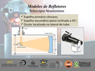 Instituto de Promoção ao Desenvolvimento da Cidadania
Modelos de Refletores
Imagem e foto: http://www.telescopiosastronomicos.com.br/refletores.html
Telescópio Newtoniano
Espelho primário côncavo;
Espelho secundário plano inclinado a 45°;
Ocular localizada na lateral do tubo.
 