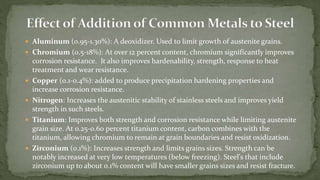  Aluminum (0.95-1.30%): A deoxidizer. Used to limit growth of austenite grains.
 Chromium (0.5-18%): At over 12 percent content, chromium significantly improves
corrosion resistance. It also improves hardenability, strength, response to heat
treatment and wear resistance.
 Copper (0.1-0.4%): added to produce precipitation hardening properties and
increase corrosion resistance.
 Nitrogen: Increases the austenitic stability of stainless steels and improves yield
strength in such steels.
 Titanium: Improves both strength and corrosion resistance while limiting austenite
grain size. At 0.25-0.60 percent titanium content, carbon combines with the
titanium, allowing chromium to remain at grain boundaries and resist oxidization.
 Zirconium (0.1%): Increases strength and limits grains sizes. Strength can be
notably increased at very low temperatures (below freezing). Steel's that include
zirconium up to about 0.1% content will have smaller grains sizes and resist fracture.
 