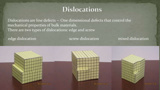 Dislocations are line defects -- One dimensional defects that control the
mechanical properties of bulk materials.
There are two types of dislocations: edge and screw
edge dislocation screw dislocation mixed dislocation
 