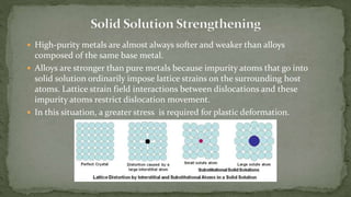  High-purity metals are almost always softer and weaker than alloys
composed of the same base metal.
 Alloys are stronger than pure metals because impurity atoms that go into
solid solution ordinarily impose lattice strains on the surrounding host
atoms. Lattice strain field interactions between dislocations and these
impurity atoms restrict dislocation movement.
 In this situation, a greater stress is required for plastic deformation.
 