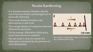  It is the phenomenon whereby a ductile
metal becomes harder and stronger as it is
plastically deformed
 Dislocation density increases with
deformation or cold work
 The average distance of separation between
dislocations decreases.
 On the average, dislocation–dislocation
strain interactions are repulsive.
 The net result is that the motion of a
dislocation is hindered by the presence of
other dislocations.
http://http://img.springerimages.com/Springer_Be
rlin_Heidelberg-Berlin.jpg
 