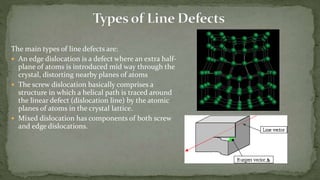 The main types of line defects are:
 An edge dislocation is a defect where an extra half-
plane of atoms is introduced mid way through the
crystal, distorting nearby planes of atoms
 The screw dislocation basically comprises a
structure in which a helical path is traced around
the linear defect (dislocation line) by the atomic
planes of atoms in the crystal lattice.
 Mixed dislocation has components of both screw
and edge dislocations.
 