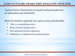 Toplam Kalite Yönetimi'nin en önemli faaliyetlerinden biri
de çalışanların tam katılımıdır.
Böyle bir katılımı sağlamak için şunlar yerine getirilmelidir:
• Yetki ve sorumlulukların devri
• Karar vermenin ilgililere devri
• Her kademede katılımın sağlanması
• Güdülenme ve ödüllenmenin gerçekleştirilmesi
Müşteri İlişkilerinin Yeni Boyutları
SATIŞ VE PAZARLAMADA TOPLAM KALİTE YÖNETİMİ
 