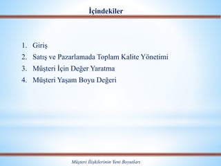 İçindekiler
1. Giriş
2. Satış ve Pazarlamada Toplam Kalite Yönetimi
3. Müşteri İçin Değer Yaratma
4. Müşteri Yaşam Boyu Değeri
Müşteri İlişkilerinin Yeni Boyutları
 