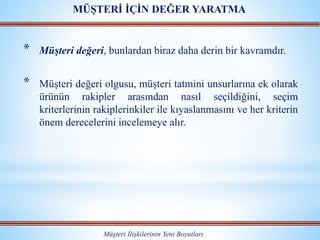 * Müşteri değeri, bunlardan biraz daha derin bir kavramdır.
* Müşteri değeri olgusu, müşteri tatmini unsurlarına ek olarak
ürünün rakipler arasından nasıl seçildiğini, seçim
kriterlerinin rakiplerinkiler ile kıyaslanmasını ve her kriterin
önem derecelerini incelemeye alır.
Müşteri İlişkilerinin Yeni Boyutları
MÜŞTERİ İÇİN DEĞER YARATMA
 