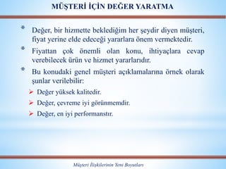 * Değer, bir hizmette beklediğim her şeydir diyen müşteri,
fiyat yerine elde edeceği yararlara önem vermektedir.
* Fiyattan çok önemli olan konu, ihtiyaçlara cevap
verebilecek ürün ve hizmet yararlarıdır.
* Bu konudaki genel müşteri açıklamalarına örnek olarak
şunlar verilebilir:
 Değer yüksek kalitedir.
 Değer, çevreme iyi görünmemdir.
 Değer, en iyi performanstır.
Müşteri İlişkilerinin Yeni Boyutları
MÜŞTERİ İÇİN DEĞER YARATMA
 