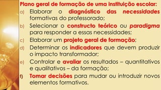 Plano geral de formação de uma instituição escolar:
a) Elaborar o diagnóstico das necessidades
formativas do professorado;
b) Selecionar o constructo teórico ou paradigma
para responder a essas necessidades;
c) Elaborar um projeto geral de formação;
d) Determinar os indicadores que devem produzir
o impacto transformador;
e) Controlar e avaliar os resultados – quantitativos
e qualitativos – da formação;
f) Tomar decisões para mudar ou introduzir novos
elementos formativos.
 