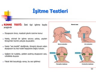 53
 RINNE TESTİ: İleti tipi işitme kaybı
araştırılır
 Diyapozon önce, mastoid çıkıntı üzerine konur
 Hasta, sinirsel bir işitme sorunu yoksa, yayılan
titreşimleri kemik yoluyla duyacaktır.
 Hasta "ses kesildi" dediğinde, titreşimi devam eden
diyapozon bu kez kulak kepçesine doğru tutulur.
 Sağlam bir kulakta, şiddeti azalmış diyapozon sesi,
rahatlıkla duyulur
 Fakat ileti bozukluğu varsa, bu ses işitilmez
İşitme Testleri
 