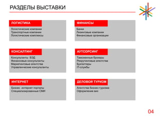 РАЗДЕЛЫ ВЫСТАВКИ
ЛОГИСТИКА
Логистические компании
Транспортные компании
Логистические комплексы
ФИНАНСЫ
Банки
Лизинговые компании
Финансовые организации
КОНСАЛТИНГ
Консультанты ВЭД
Финансовые консультанты
Маркетинговые агентства
Управленческие консультанты
АУТСОРСИНГ
Таможенные брокеры
Рекрутинговые агентства
Бухгалтеры
IT-службы
ИНТЕРНЕТ
Бизнес интернет порталы
Специализированные СМИ
ДЕЛОВОЙ ТУРИЗМ
Агентства бизнес-туризма
Оформление виз
04
 