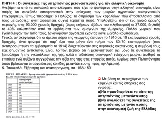 ΠΗΓΗ 4 : Οι συνέπειες της υπερπόντιας μετανάστευσης για την ελληνική οικονομία
Ανεξάρτητα από τα συνολικά αποτελέσματα που είχε το φαινόμενο στην ελληνική οικονομία, είναι
σαφές ότι συνέβαλε αποφασιστικά στην ενίσχυση των μικρών αγροτικών οικογενειακών
επιχειρήσεων. Όπως παρατηρεί ο Πολύζος, το άθροισμα των κεφαλαίων που αποστέλλονται από τους
μετανάστες, αντιπροσώπευε συχνά τεράστια ποσά. Υπολογίζεται ότι σ’ ένα χωριό ορεινής περιοχής,
στις 93.000 χρυσές δραχμές (ύψος ετήσιων εξόδων του πληθυσμού) οι 37.000, δηλαδή το 40%
καλυπτόταν από τα εμβάσματα των ομογενών της Αμερικής. Πολλοί χωρικοί που εγκατέλειψαν τον
τόπο τους, ξαναγύρισαν αργότερα έχοντας κάνει μεγάλο κομπόδεμα.
Γενικά, αν σκεφτούμε ότι οι άμεσοι φόροι της γεωργίας έφταναν το 1910 σε 10 εκατομμύρια χρυσές
δραχμές, είναι φανερό ότι παρ’ όλο που μόνο ένα τμήμα των 60-70 εκατομμυρίων (που
αντιπροσώπευαν τα εμβάσματα το 1914) διοχετεύονταν στις αγροτικές οικογένειες, η συμβολή τους
είχε σημαντικό αντίκτυπο. Είναι, λοιπόν, βέβαιο ότι η μετανάστευση όχι μόνο δε συνεπιφέρει το
ξεπούλημα ή την εγκατάλειψη της γης, αλλά η αδιάκοπη οικονομική ενίσχυση μειώνει αισθητά τα
επιτόκια ενώ αυξάνει συγχρόνως την αξία της γης στις επαρχίες αυτές, κυρίως στην Πελοπόννησο
όπου βρίσκονται οι αρχαιότερες κοιτίδες μετανάστευσης προς την Αμερική.
Κ. Τσουκαλά, Εξάρτηση και αναπαραγωγή, σσ. 158-159
 Με βάση το περιεχόμενο των
κειμένων και τις ιστορικές σας
γνώσεις :
α)Να προσδιορίσετε τα αίτια της
υπερπόντιας μετανάστευσης.
β)Να αναλύσετε τις συνέπειες της
υπερπόντιας μετανάστευσης στην
οικονομική ζωή της Ελλάδας
 
