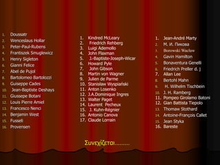 Συνεχίζεται………
1. Doussatr
2. Wenceslaus Hollar
3. Peter-Paul-Rubens
4. Frantiszek Smuglewicz
5. Henry Sigleton
6. Gianni Felice
7. Abel de Pujol
8. Bartolomeo Bartolozzi
9. Guiseppe Cades
10. Jean-Baptiste Deshays
11. Giussepe Botani
12. Louis Pierre Amiel
13. Francesco Nenci
14. Benjamin West
15. Fusseli
16. Provensen
1. Kindred McLeary
2. Friedrich Rehberg
3. Luigi Ademollo
4. John Flaxman
5. J.-Baptiste-Joseph-Wicar
6. Howard Pyle
7. John Gibson
8. Martin von Wagner
9. Julien de Parme
10. Stanisław Wyspiański
11. Anton Losenko
12. J.A.Dominique Ingres
13. Walter Paget
14. Laurent Pecheux
15. J. Kuhn-Régnier
16. Antonio Canova
17. Claude Lorrain
1. Jean-André Marty
2. М. И. Пикова
3. Borowski Wacław
4. Gavin Hamilton
5. Bonaventura Genelli
6. Friedrich Preller d. j
7. Allan Lee
8. Bertohl Mahn
9. H. Wilhelm Tischbein
10. J. H. Ramberg
11. Pompeo Girolamo Batoni
12. Gian Battista Tiepolo
13. Thomaw Stothard
14. Antoine-François Callet
15. Jean Styka
16. Bareste
 