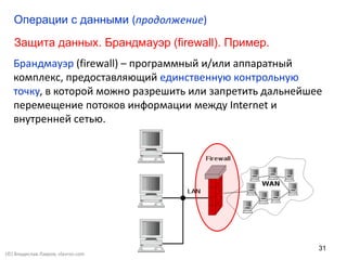 31
Брандмауэр (firewall) – программный и/или аппаратный
комплекс, предоставляющий единственную контрольную
точку, в которой можно разрешить или запретить дальнейшее
перемещение потоков информации между Internet и
внутренней сетью.
Защита данных. Брандмауэр (firewall). Пример.
Операции с данными (продолжение)
(©) Владислав Лавров, vlavrov.com
 
