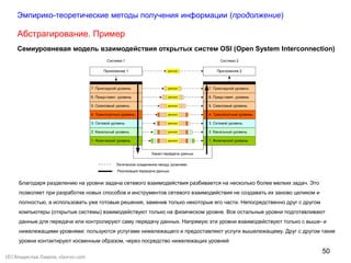 50
(©) Владислав Лавров, vlavrov.com
Абстрагирование. Пример
Семиуровневая модель взаимодействия открытых систем OSI (Open System Interconnection)
Эмпирико-теоретические методы получения информации (продолжение)
Благодаря разделению на уровни задача сетевого взаимодействия разбивается на несколько более мелких задач. Это
позволяет при разработке новых способов и инструментов сетевого взаимодействия не создавать их заново целиком и
полностью, а использовать уже готовые решения, заменив только некоторые его части. Непосредственно друг с другом
компьютеры (открытые системы) взаимодействуют только на физическом уровне. Все остальные уровни подготавливают
данные для передачи или контролируют саму передачу данных. Напрямую эти уровни взаимодействуют только с выше- и
нижележащими уровнями: пользуются услугами нижележащего и предоставляют услуги вышележащему. Друг с другом такие
уровни контактируют косвенным образом, через посредство нижележащих уровней
 