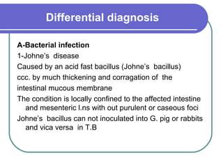 Differential diagnosis
A-Bacterial infection
1-Johne’s disease
Caused by an acid fast bacillus (Johne’s bacillus)
ccc. by much thickening and corragation of the
intestinal mucous membrane
The condition is locally confined to the affected intestine
and mesenteric l.ns with out purulent or caseous foci
Johne’s bacillus can not inoculated into G. pig or rabbits
and vica versa in T.B
 
