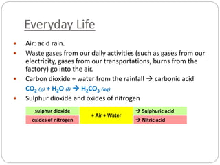 Everyday Life
 Air: acid rain.
 Waste gases from our daily activities (such as gases from our
electricity, gases from our transportations, burns from the
factory) go into the air.
 Carbon dioxide + water from the rainfall  carbonic acid
CO2 (g) + H2O (l)  H2CO3 (aq)
 Sulphur dioxide and oxides of nitrogen
sulphur dioxide
+ Air + Water
 Sulphuric acid
oxides of nitrogen  Nitric acid
 