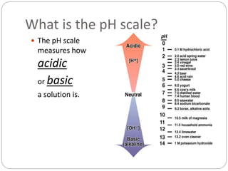 What is the pH scale?
 The pH scale
measures how
acidic
or basic
a solution is.
 