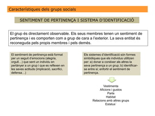 Característiques dels grups socials
El grup és directament observable. Els seus membres tenen un sentiment de
pertinença i es comporten com a grup de cara a l’exterior. La seva entitat és
reconeguda pels propis membres i pels demés.
SENTIMENT DE PERTINENÇA I SISTEMA D’IDENTIFICACIÓ
El sentiment de pertinença està format
per un seguit d’emocions (alegria,
orgull…) que sent un individu en
pertànyer a un grup i que es reflexen en
les seves actituds (implicació, sacrifici,
defensa…)
Els sistemes d’identificació són formes
simbòliques que els individus utilitzen
per: a) donar a conéixer als altres la
seva pertinença a un grup; b) identificar-
se entre si; enfortir el sentiment de
pertinença.
Vestimenta
Aficions i gustos
Parla
Habitat
Relacions amb altres grups
Estatus`
 