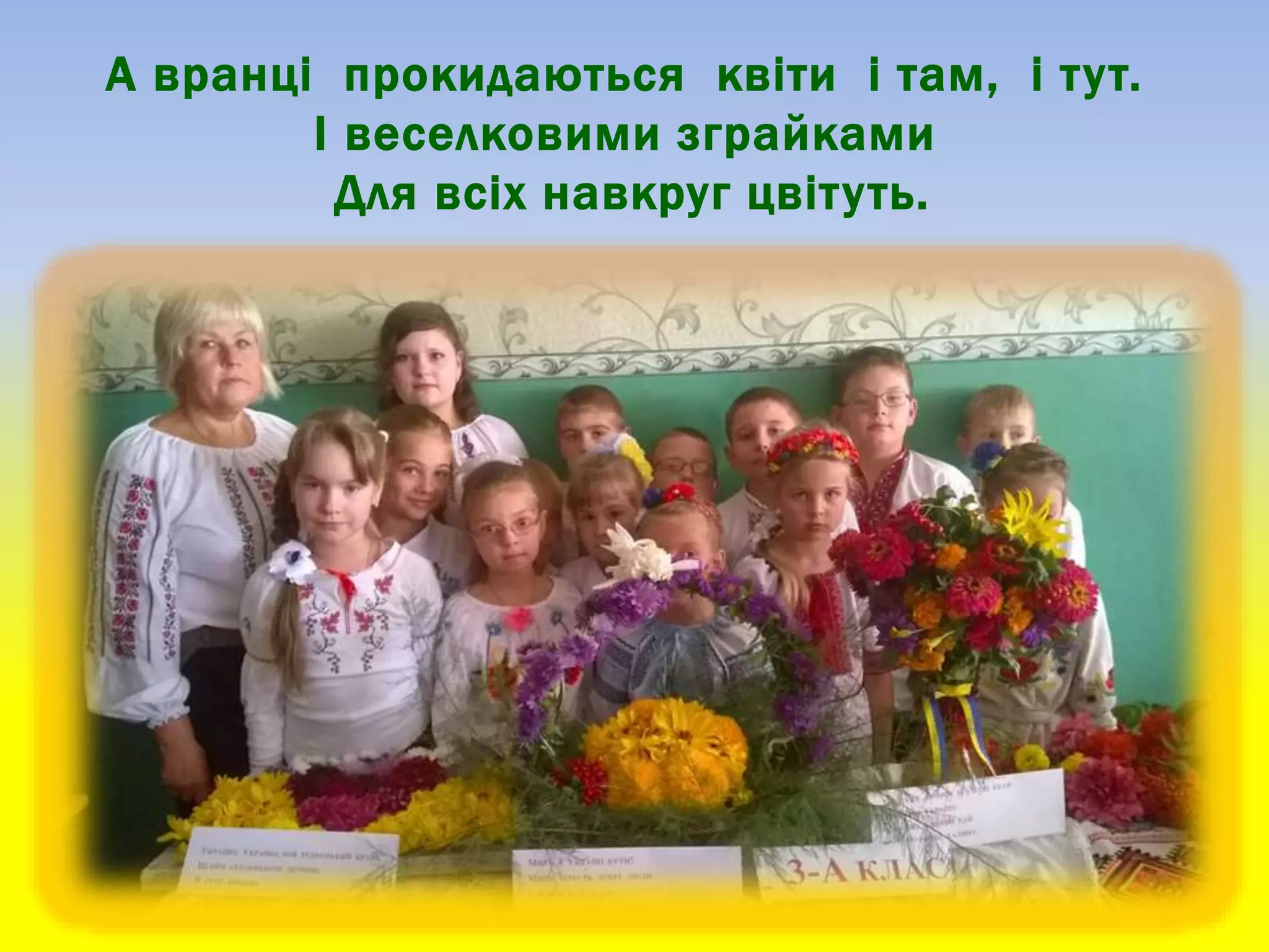 А вранці прокидаються квіти і там, і тут.
І веселковими зграйками
Для всіх навкруг цвітуть.
 