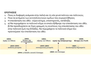 ΕΡΩΤΗΣΕΙΣ
1. Ποιες οι διαφορές ανάμεσα στην παλιά και τη νέα γενιά πολιτών και πολιτικών;
2. Ποια τα αιτήματα των αντιπολιτευτικών ομίλων που συγκροτήθηκαν;
3. Η επανάσταση του 1862 : κύριο αίτημα, υποστηρικτές, κατάληξη.
4. α) Να περιγράψετε το πολιτικό κλίμα το οποίο εξέθρεψε την επανάσταση του 1862.
β) Να προσδιορίσετε σε λίγες γραμμές τις συνέπειες της επανάστασης του 1862
στην πολιτική ζωή της Ελλάδας. Να περιγράψετε το πολιτικό κλίμα που
προετοίμασε την επανάσταση του 1862.
 