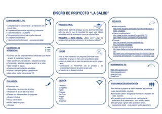 DISEÑO DE PROYECTO “LA SALUD”
COMPETENCIAS CLAVE:
Competencia en el conocimiento y la interacción con el
mundo físico
Competencia comunicativa lingüística y audiovisual
Competencia social y ciudadana
Competencia de autonomía e iniciativa personal
Competencia matemática
Tratamiento de la información y competencia digital
ESTÁNDARES DE
APRENDIZAJE:
Es crítico con los comportamientos individuales que afectan
la salud de los demás y la propia.
Sabe escribir con una redacción y ortografía correctas.
Comprende y responde preguntas a partir de un video.
Sabe trabajar en equipo.
Ha adquirido ciertos hábitos saludables.
Elabora e interpreta gráficos y estadísticas.
Sabe utilizar ciertas herramientas TIC.
EVALUACIÓN:
Exposición oral.
Respuestas a las preguntas del video
Redacción de la nota del muro virtual.
Examen con diferentes tipos de preguntas.
Dossier individual.
Auto y coevaluación.
Actitud trabajo en grupo.
Rúbricas.
PRODUCTO FINAL:
Este proyecto pretende conseguir que los alumnos reflexionen
sobre su salud y vean la necesidad de seguir unos hábitos
saludables tanto de alimentación como de actividad física.
PREGUNTA o RETO INICIAL: ¿Estoy sano? ¿Sigo los
consejos de la pirámide nutricional y de los buenos hábitos?
TAREAS:
Ver un video interactivo con preguntas (individual-casa).
Desarrollar en grupo un menú sano y equilibrado (aula).
Hacer un póster con un menú de ejemplo para un día (grupo-
aula).
Confeccionar un PowerPoint con el proceso y las
conclusiones finales del proyecto (grupo-aula).
Creación de un dossier individual.
DIFUSIÓN:
Facebook
Google Plus
Twitter
Pinterest
You Tube
Blogger
Picasa
Slideshare
RECURSOS:
Video enriquecido:
https://www.educanon.com/public/162709/319180/salud-y-
hbitos-saludables
Videos complementarios:
https://www.youtube.com/watch?v=xjevS0HFZTg
https://www.youtube.com/watch?v=Ggh3biRxraY
Pinterest:
https://es.pinterest.com/merccaada/salud-y-
h%C3%A1bitos-saludables/
Imagen pirámide alimentaria:
http://www.5aldia.es/img/piramide/piramide_alimentaria_es
.jpg
http://www.hola.com/imagenes//ninos/2011052552728/nue
va-piramide-alimentaria/0-177-332/ninos-piramide-02-a.jpg
HERRAMIENTAS TIC:
https://sites.google.com/
https://es.padlet.com/
www.prezi.com
PowerPoint
AGRUPAMIENTOS/ORGANIZACIÓN:
Para realizar el proyecto se harán diferentes agrupaciones
según las actividades a realizar:
Individuales (dosier, recogida de información, repuestas del
video, examen),
En pequeño grupo (confección del menú semanal,
elaboración de la presentación, muro virtual y póster),
En gran grupo o grupo clase (puesta en común,
exposiciones orales -unos exponen y otros escuchan-).
 