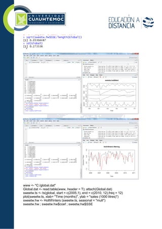 www <- "C:/global.dat"
Global.dat <- read.table(www, header = T); attach(Global.dat)
sweetw.ts <- ts(global, start = c(2005,1), end = c(2010, 12),freq = 12)
plot(sweetw.ts, xlab= "Time (months)", ylab = "sales (1000 litres)")
sweetw.hw <- HoltWinters (sweetw.ts, seasonal = "mult")
sweetw.hw ; sweetw.hw$coef ; sweetw.hw$SSE
 